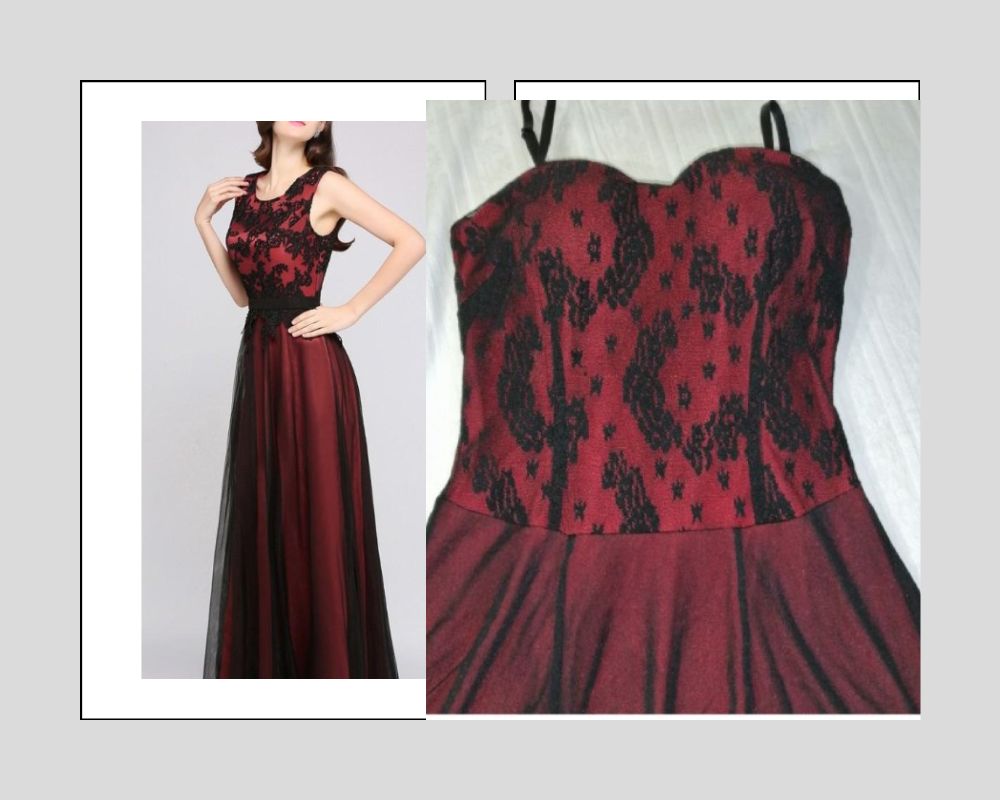 Robe soirée longue, rouge et noir, dentelle, à bretelles 