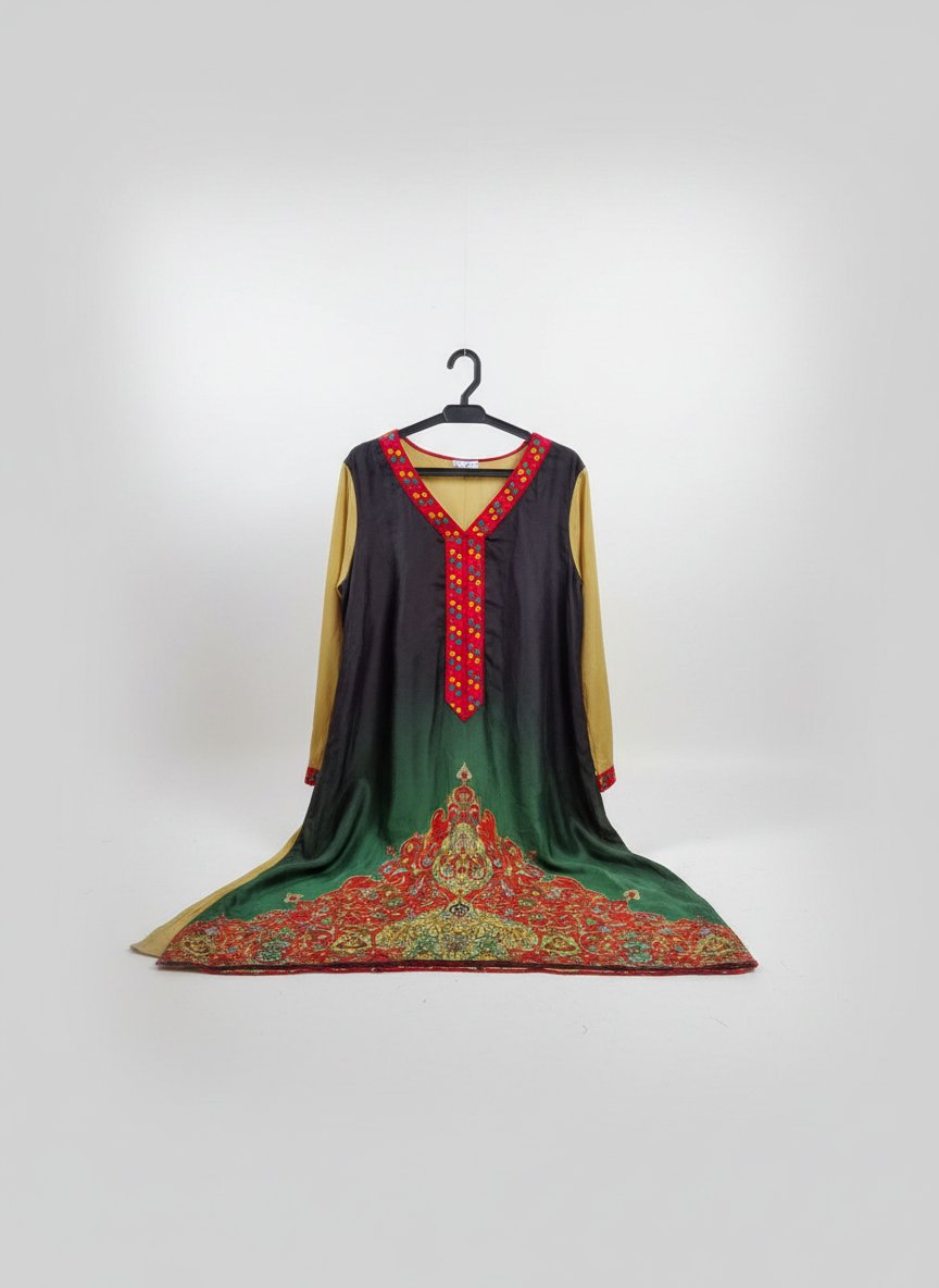 Magnifique robe midi avec fente bilatérale d'inspiration marocaine, dégradé vert et or, détails artisanaux