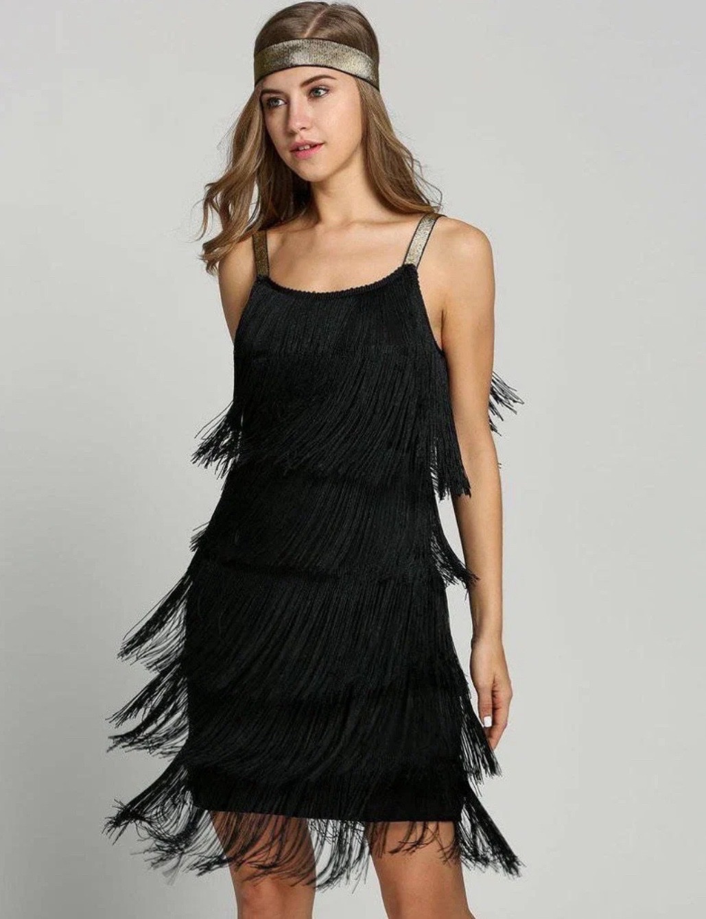 Robe Flapper Charleston Noire à Franges de Style