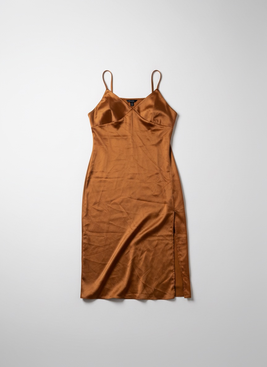Robe nuisette satinée New Look – Couleur cuivre / cannelle avec fente