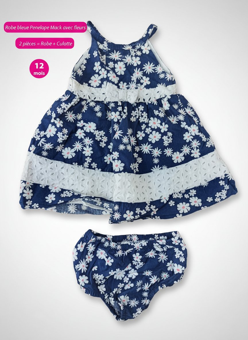 Robe bleue Penelope Mack Girl avec fleurs :  12 Mois 2 pièces: Robe + Culotte 