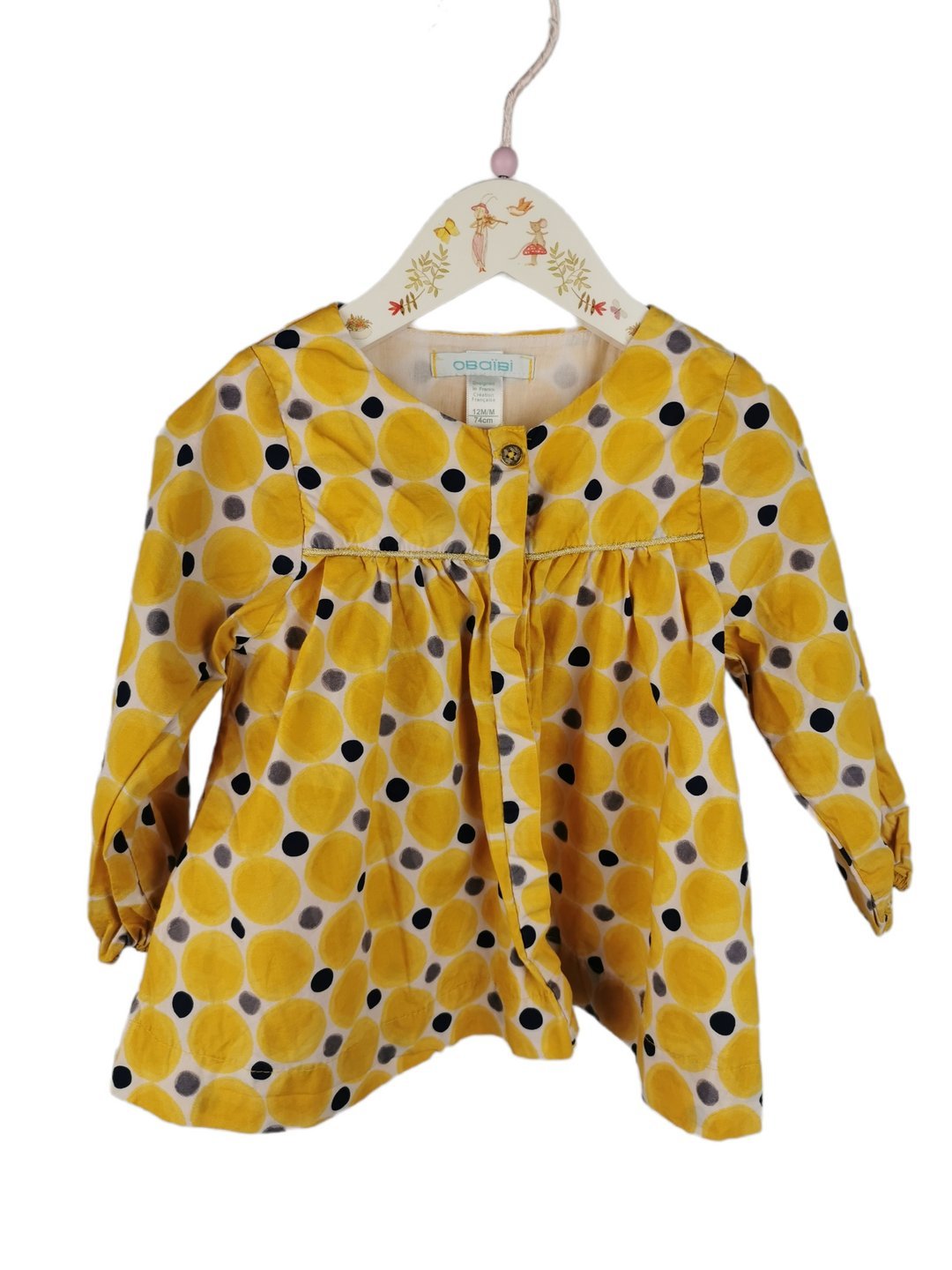 Blouse manches longues Obaïbi jaune/marine 18 mois 100% coton Très bon état