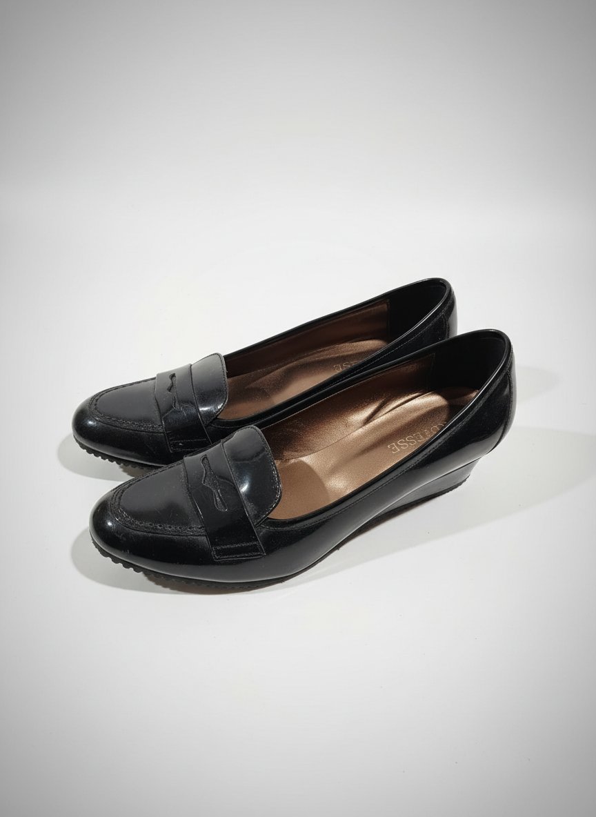 Mocassins noir vernis ladyesse talon compensé
