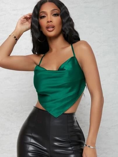 Crop Top Foulard Satiné Vert Émeraude - SHEIN