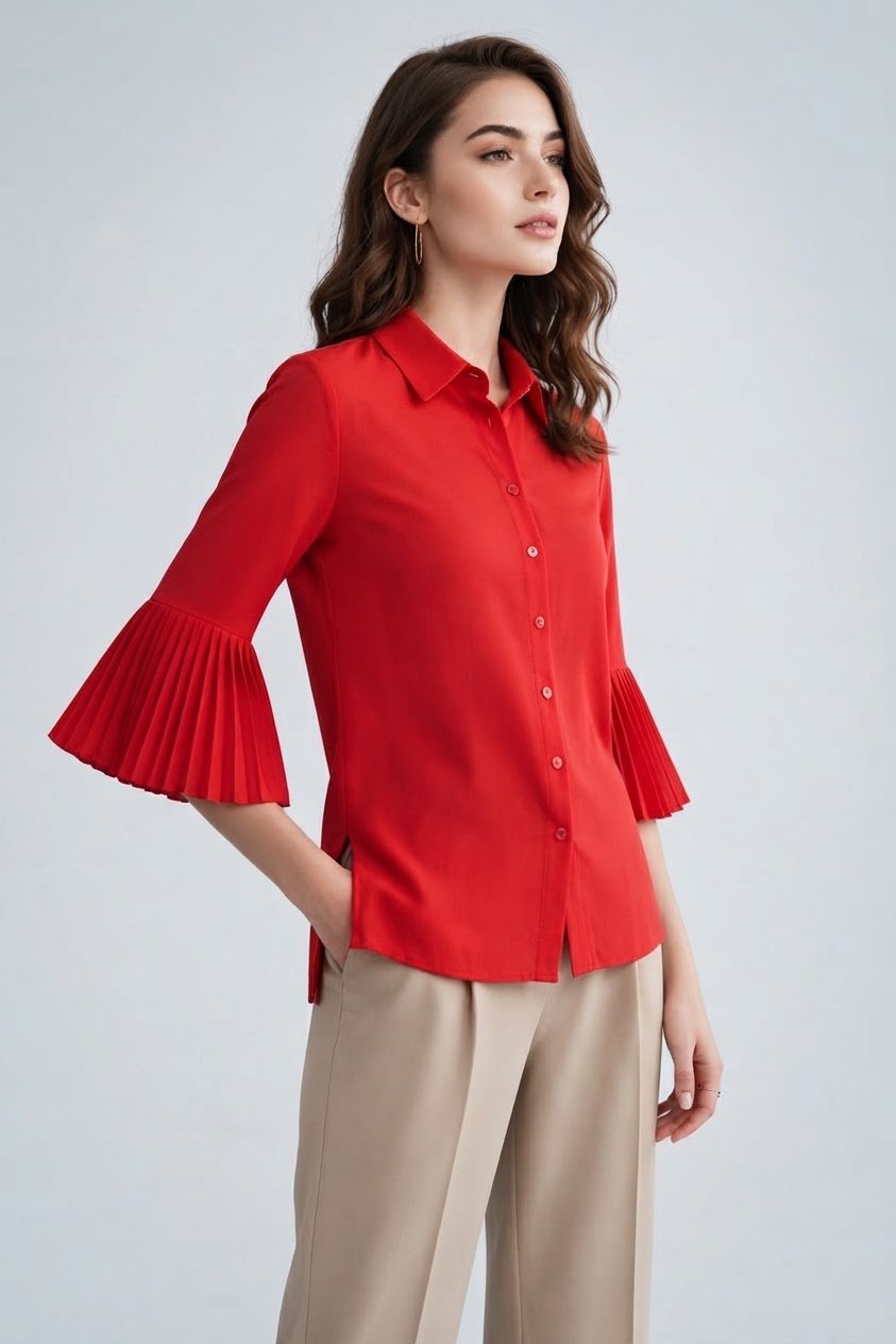 Chemise Rouge avec des manches à volants plissés 