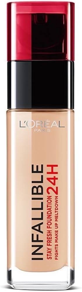 Fond de teint L'Oréal Paris Infaillible 24H, reconnaissable à son flacon en verre transparent et son bouchon rouge emblématique.