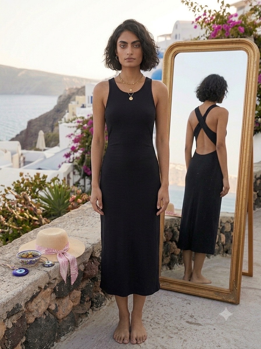 Robe noir en maille une texture élastique et yne coupe longue 