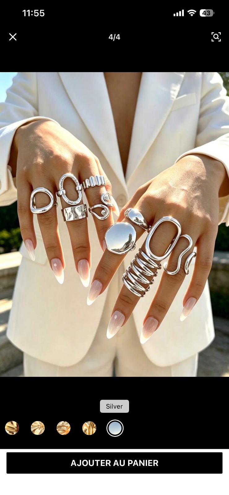 Set de bagues asymétriques en argent de chez SHEIN présente des designs géométriques exagérés.