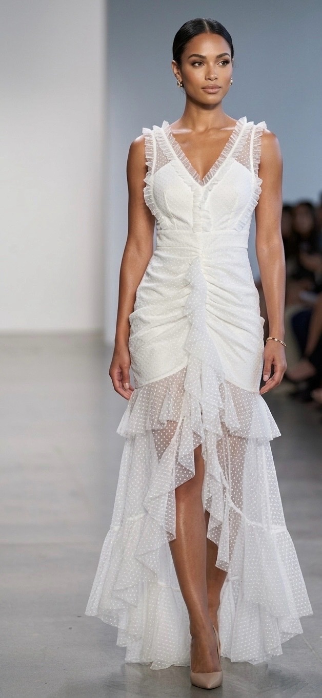Robe blanche élégante présente un décolleté en V plongeant et des détails raffinés en volants.