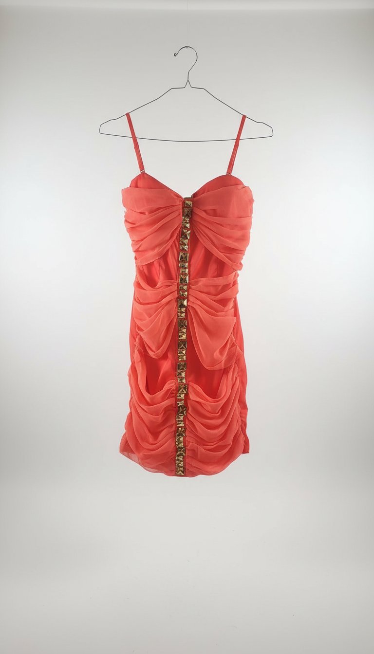 Robe de cocktail corail drapée avec strass dorés – Taille M (38)