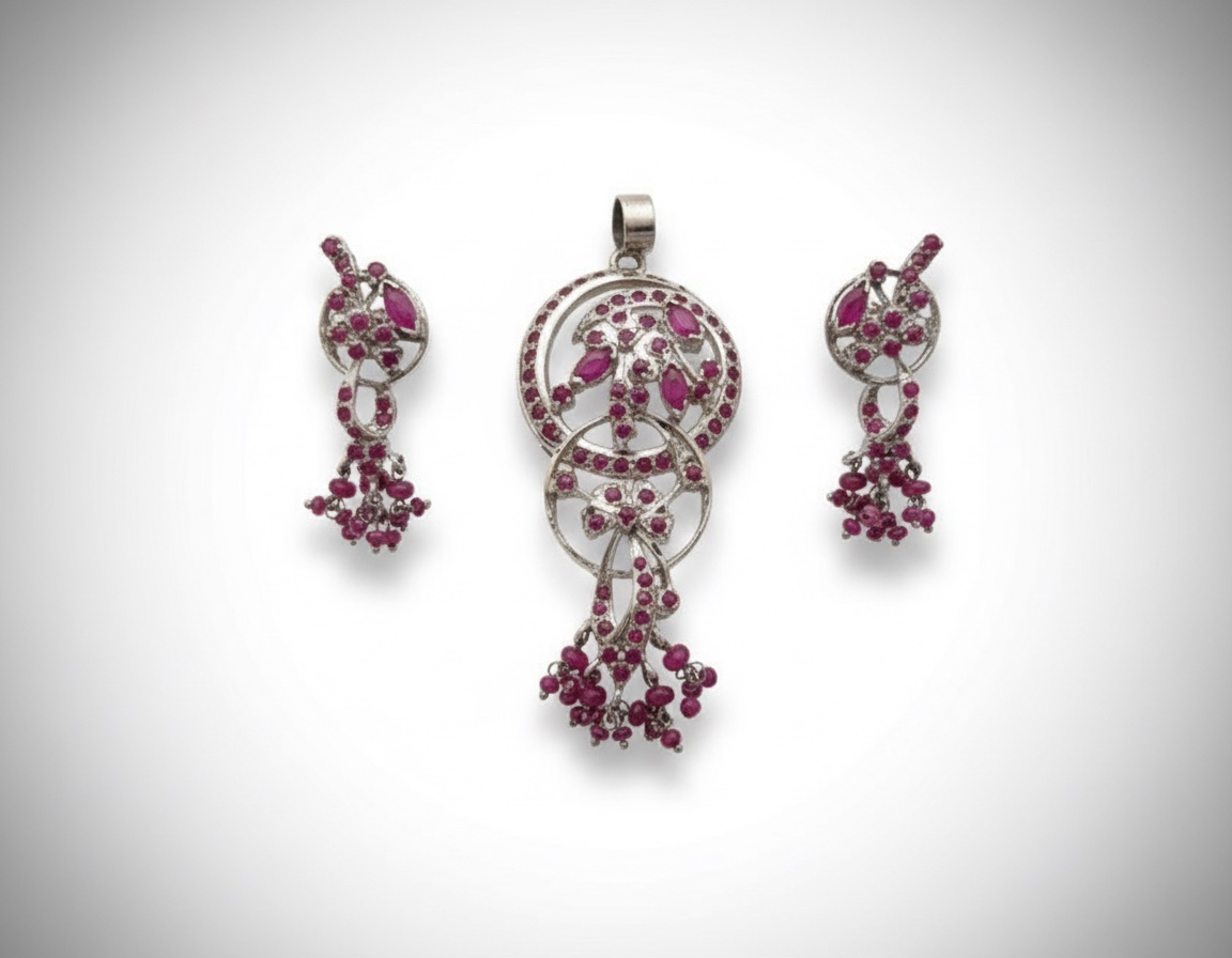 Pendentif  et boucles d'oreilles en argent( pierre rubis + فضة مطبوعة ) 