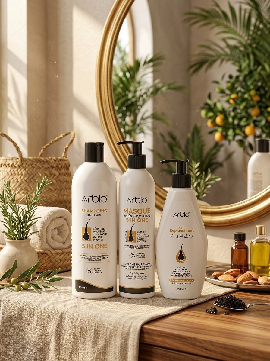 Pack Soins capillaire Arbio 5-en-1 (Kératine, Protéine, Collagène, Caviar, Pro-V B5) ✨💇‍♀️