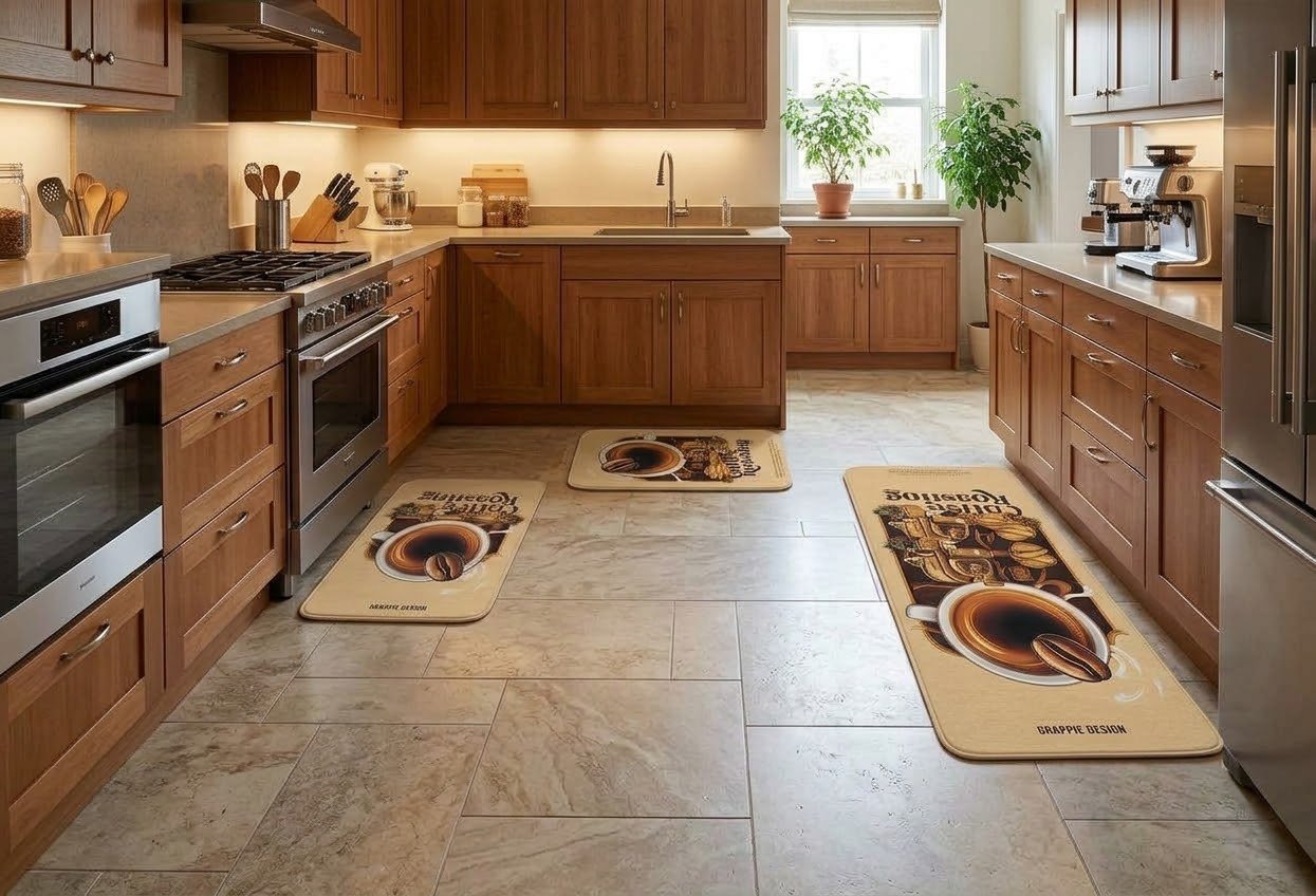 ​Ensemble de 3 Tapis de Cuisine - Motif Café ☕