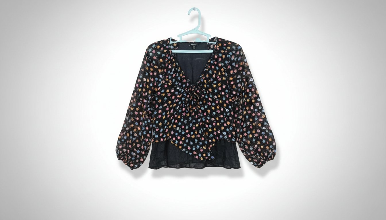 Blouse noire fleurie manches bouffantes 