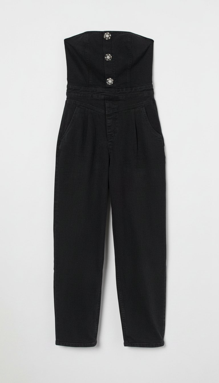 Denim corset bandeau jumpsuit with button gems