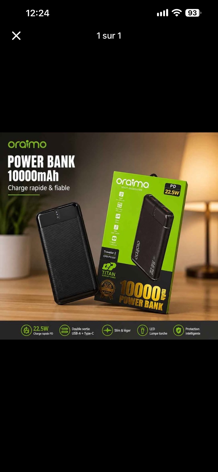 Power Bank Oraimo 10000mAh 22.5W PD – Charge Rapide 🔋⚡