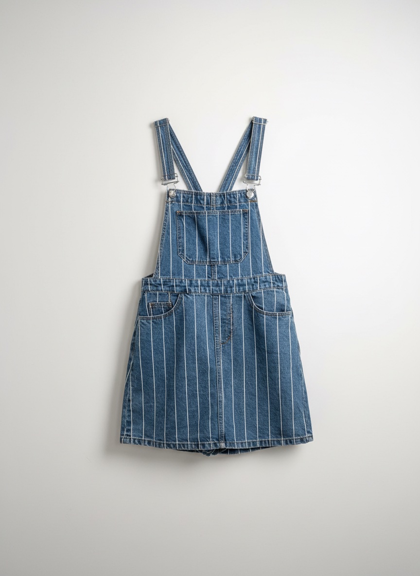Jupe salopette en jean rayé bleu et blanc