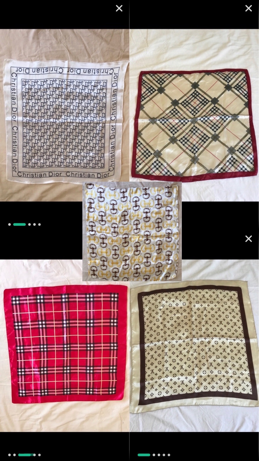 Pack de 5 foulards Dior+Louis Vuitton+Burberry+Gucci silk 