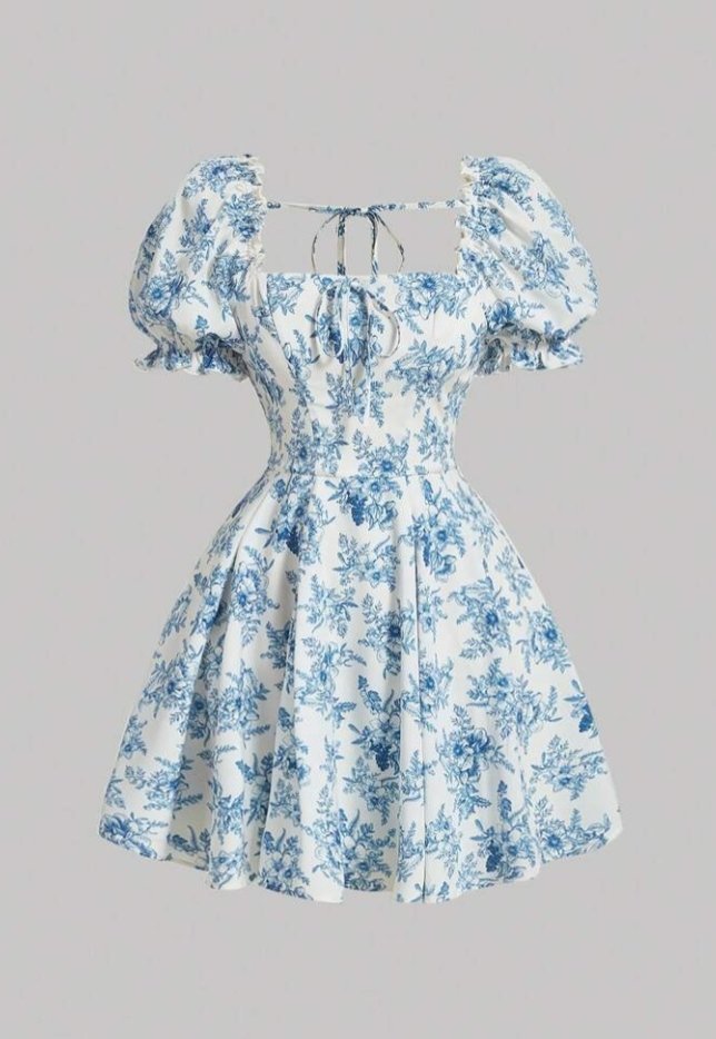 Robe courte fleurie bleu et blanc