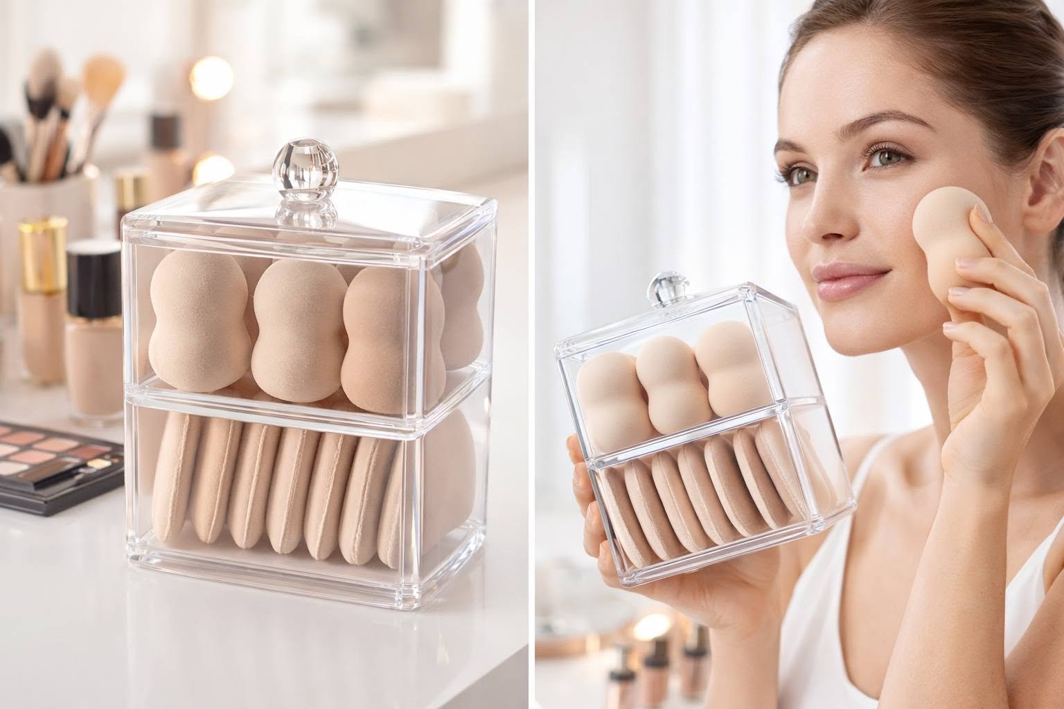 Organiseur maquillage + éponges (set 12 pcs)