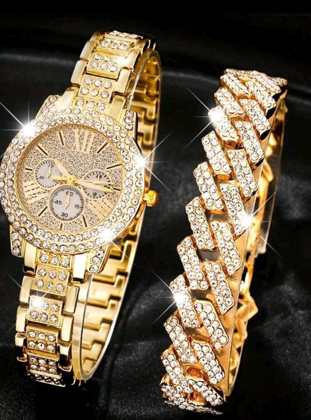 Montre dorée strass + bracelet 