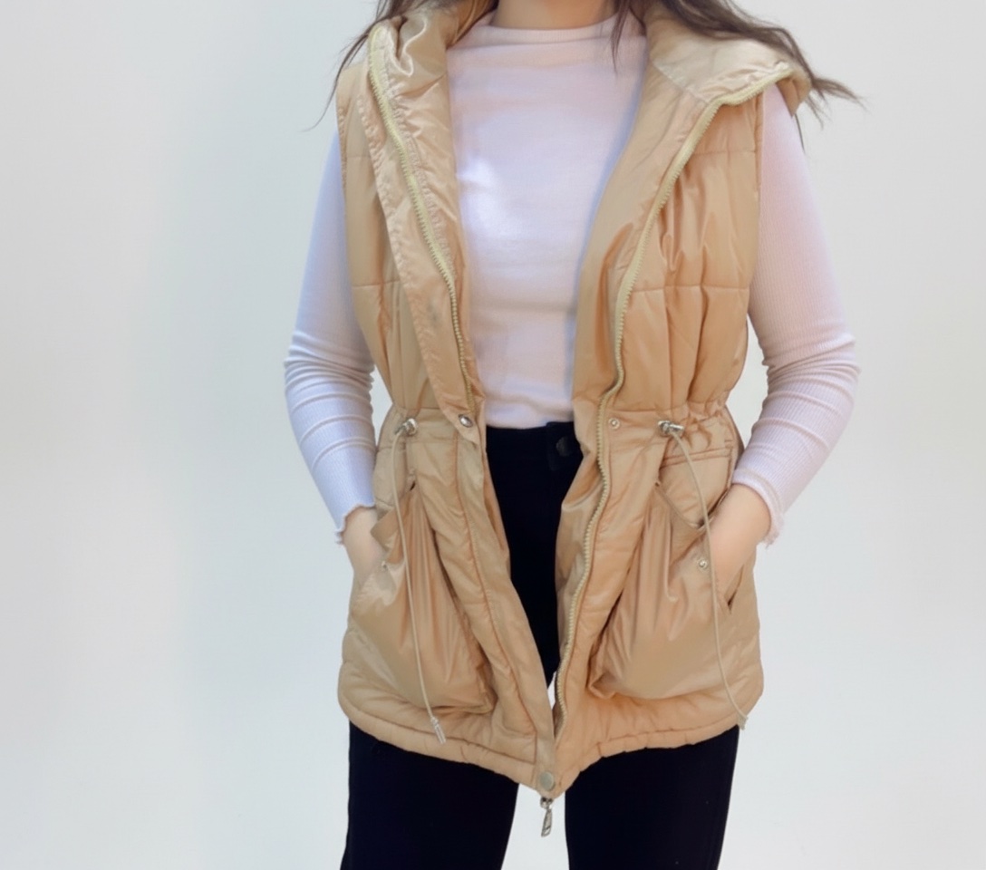 Doudoune Sans Manches à Capuche – Beige Nud