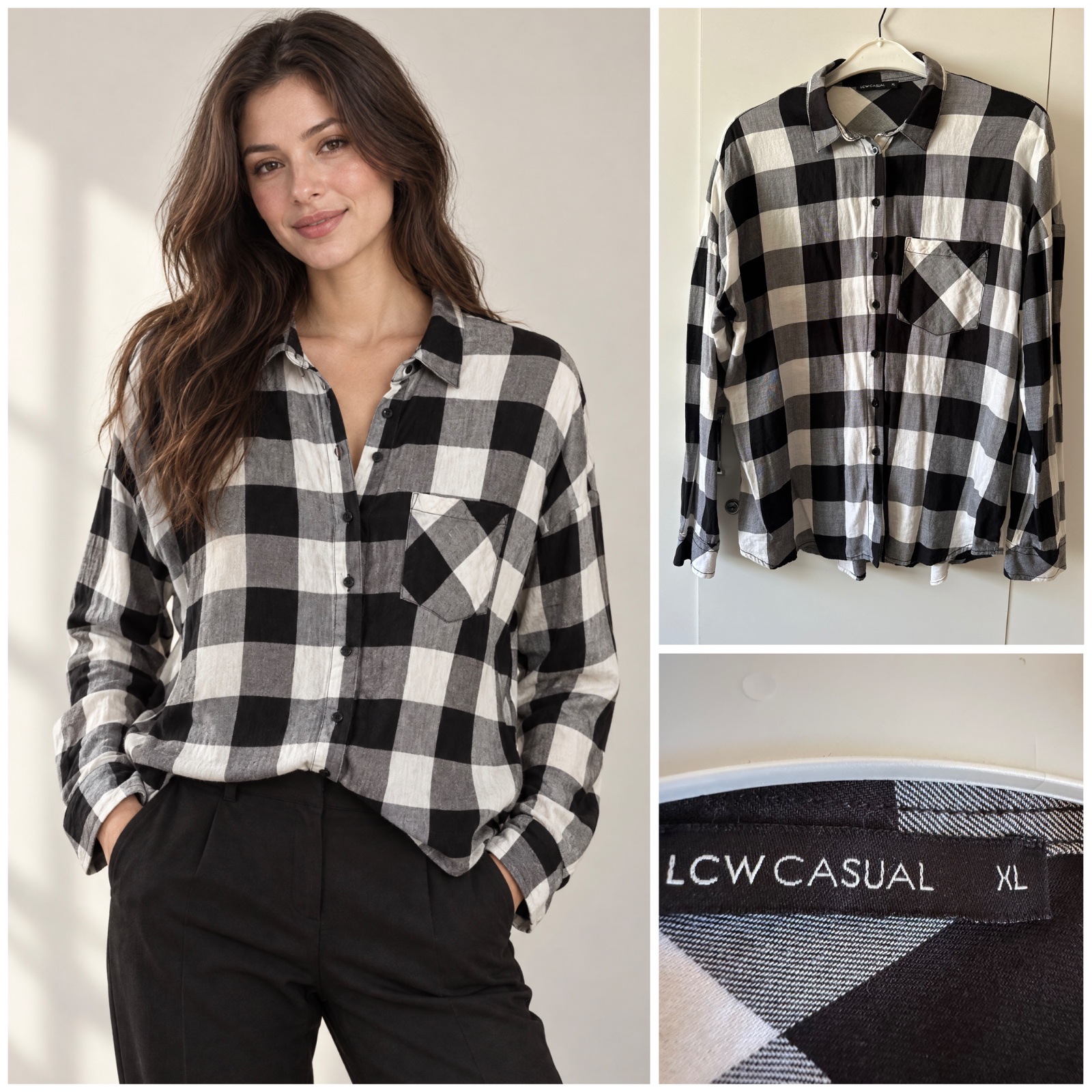 Chemise femme LCW Casual XL à carreaux noir, blanc et gris – 100 % coton, manches longues, coupe confortable et élégante🌹❤️