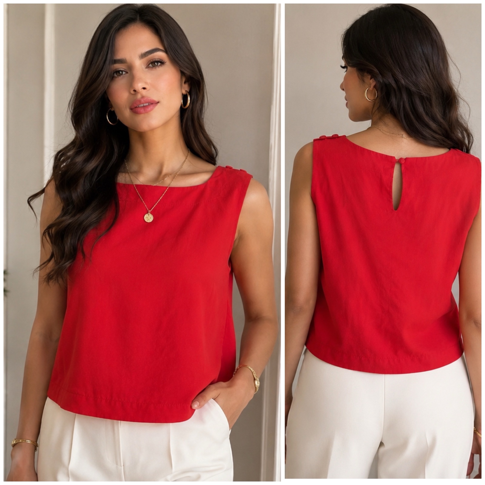 ✨ Magnifique Haut Rouge  HOBBS – Chic & Élégant – Sans Manches – Dos Ouvert avec Petit Bouton – Taille UK 10 / FR 38 – Look Féminin & Raffiné ✨🌹🥰✨🔥