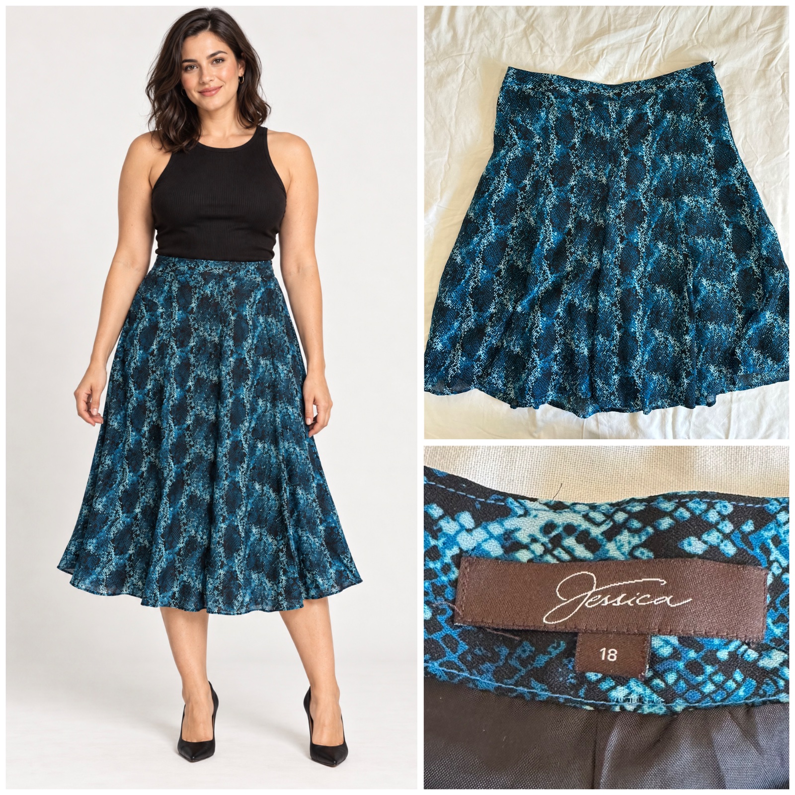 Jupe évasée Yessica bleu pétrole à motif animalier – taille 18 – élégante et flatteuse🌹✨🔥