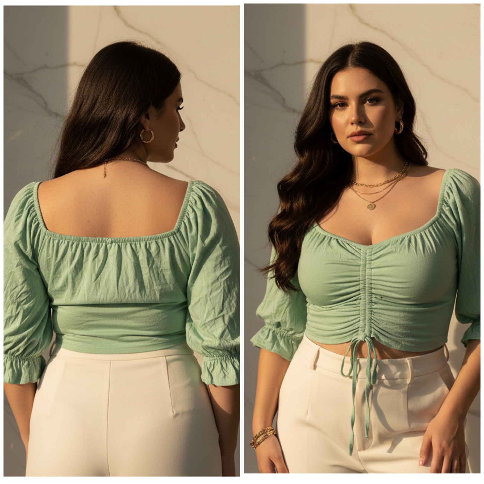 ✨ Sublime Haut / Top Vert Menthe à Fronces Ajustables – Style Romantique & Tendance ✨🔥💚