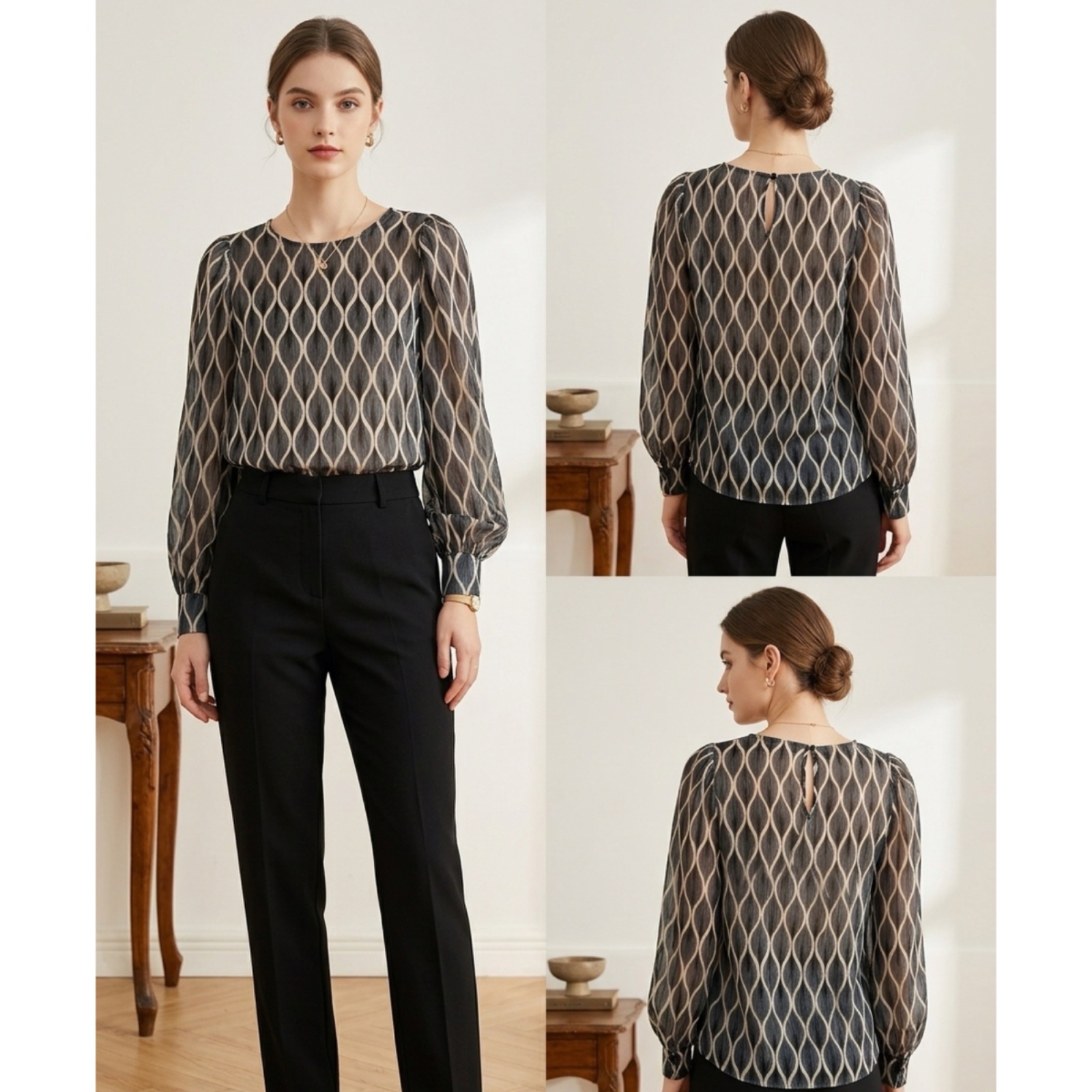 Blouse KAFFE à motifs géométriques – Chic & Fluide (T38)✨🔥🌸🤎