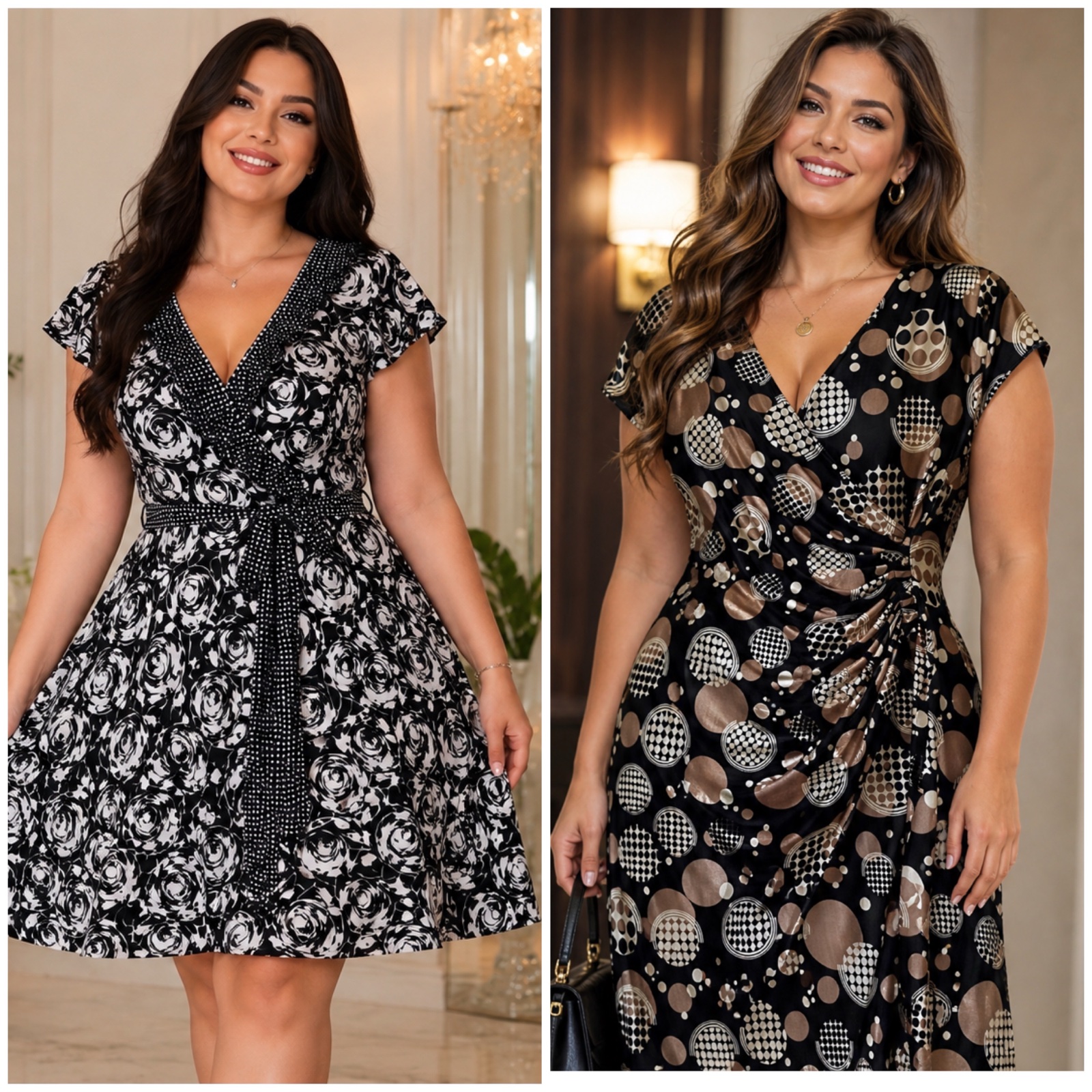 💖 Lot de 2 Robes Ultra Féminines – Style Chic & Intemporel – Coupe Cache-Cœur Élégante – Imprimés Raffinés – Idéales Bureau, Sorties et Événements 💖🌹✨🥰🤎