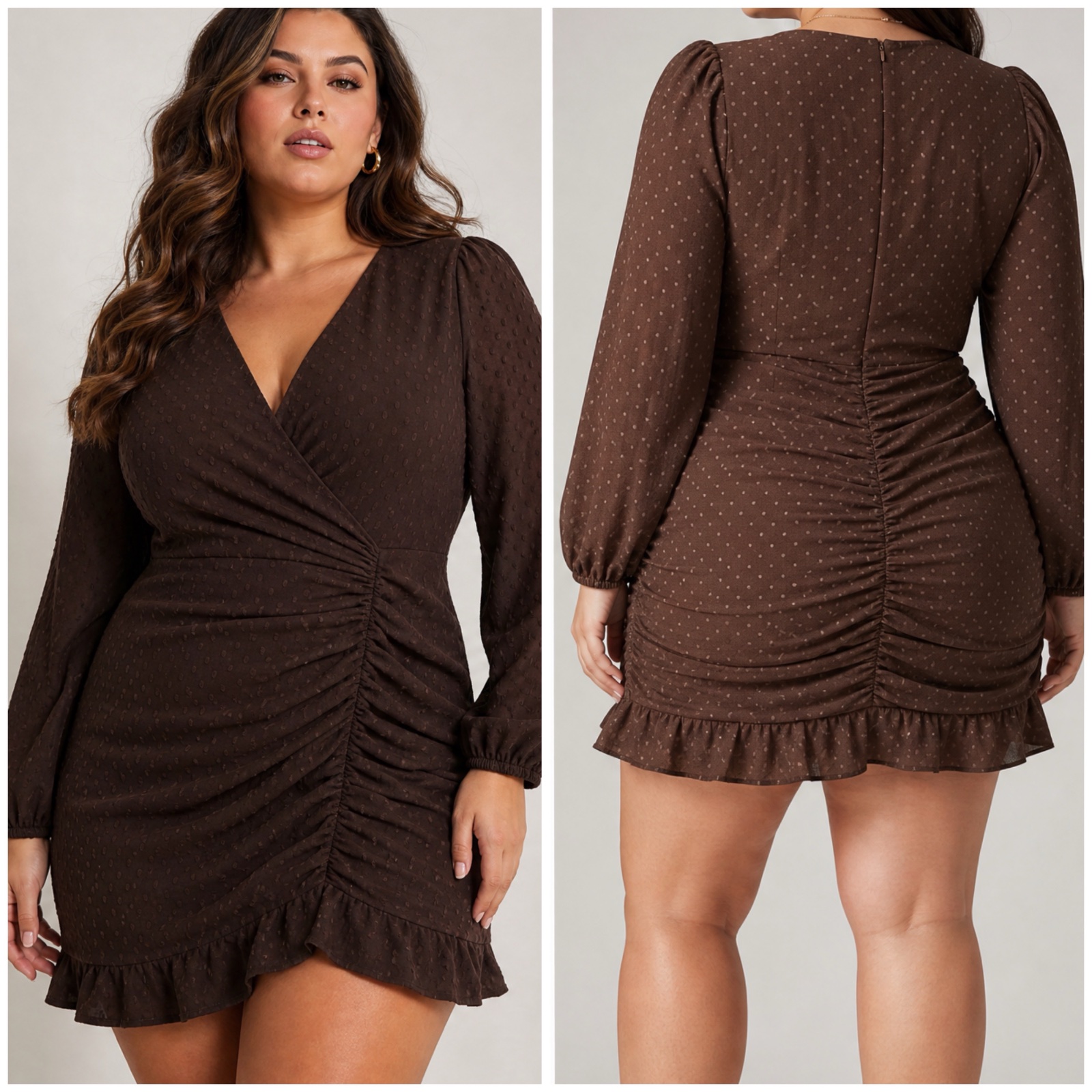 💃 Robe Courte Marron à Pois Sinsay - Coupe Drapée & Froncée Irrésistible - Spécial Curvy Taille 44 (XXL) 🤎🔥