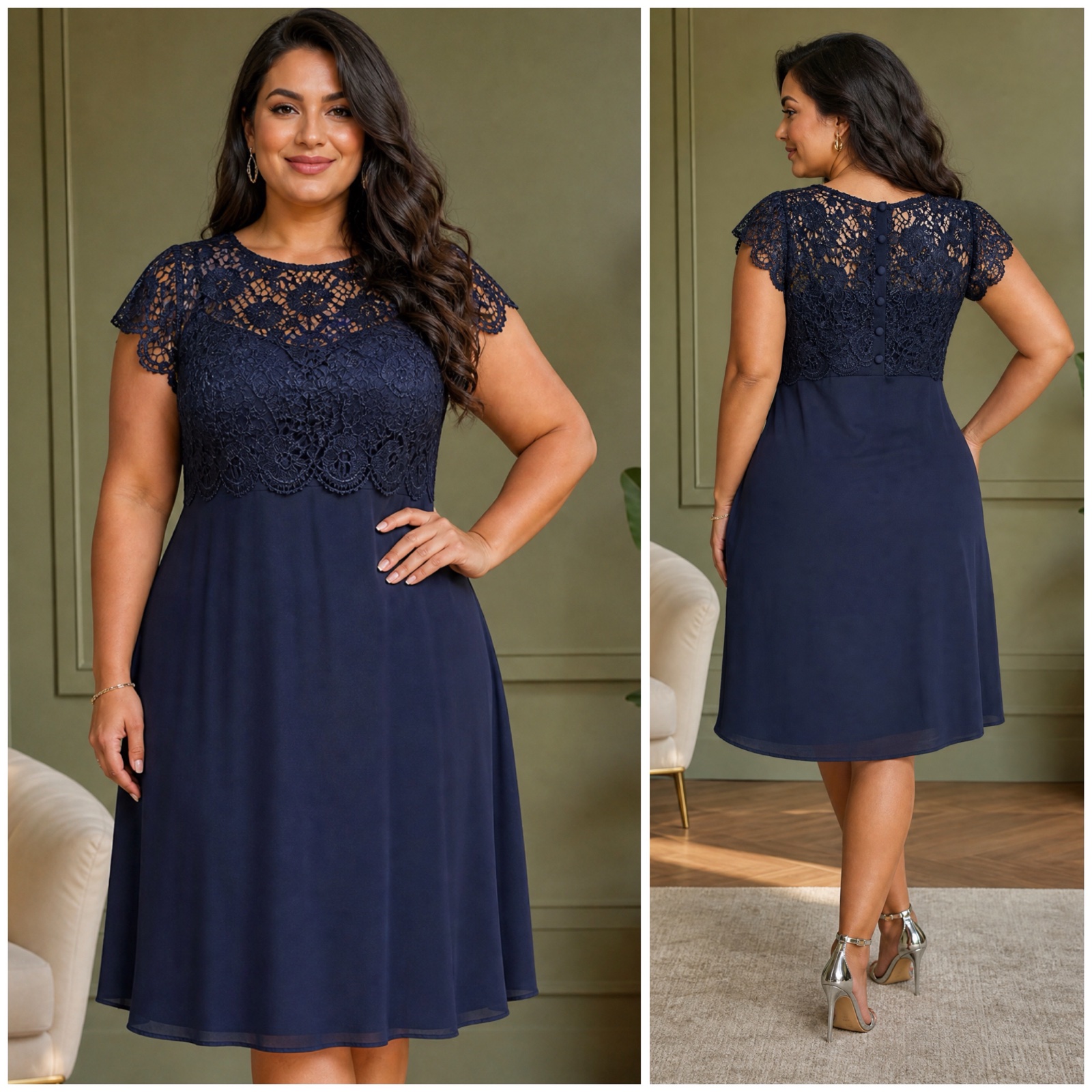 🔥🌹 Robe bleu marine chic en dentelle florale – coupe élégante et fluide – longueur genou – modèle curvy – parfaite pour cérémonie, soirée ou occasion spéciale🌹🔥🥰✨
