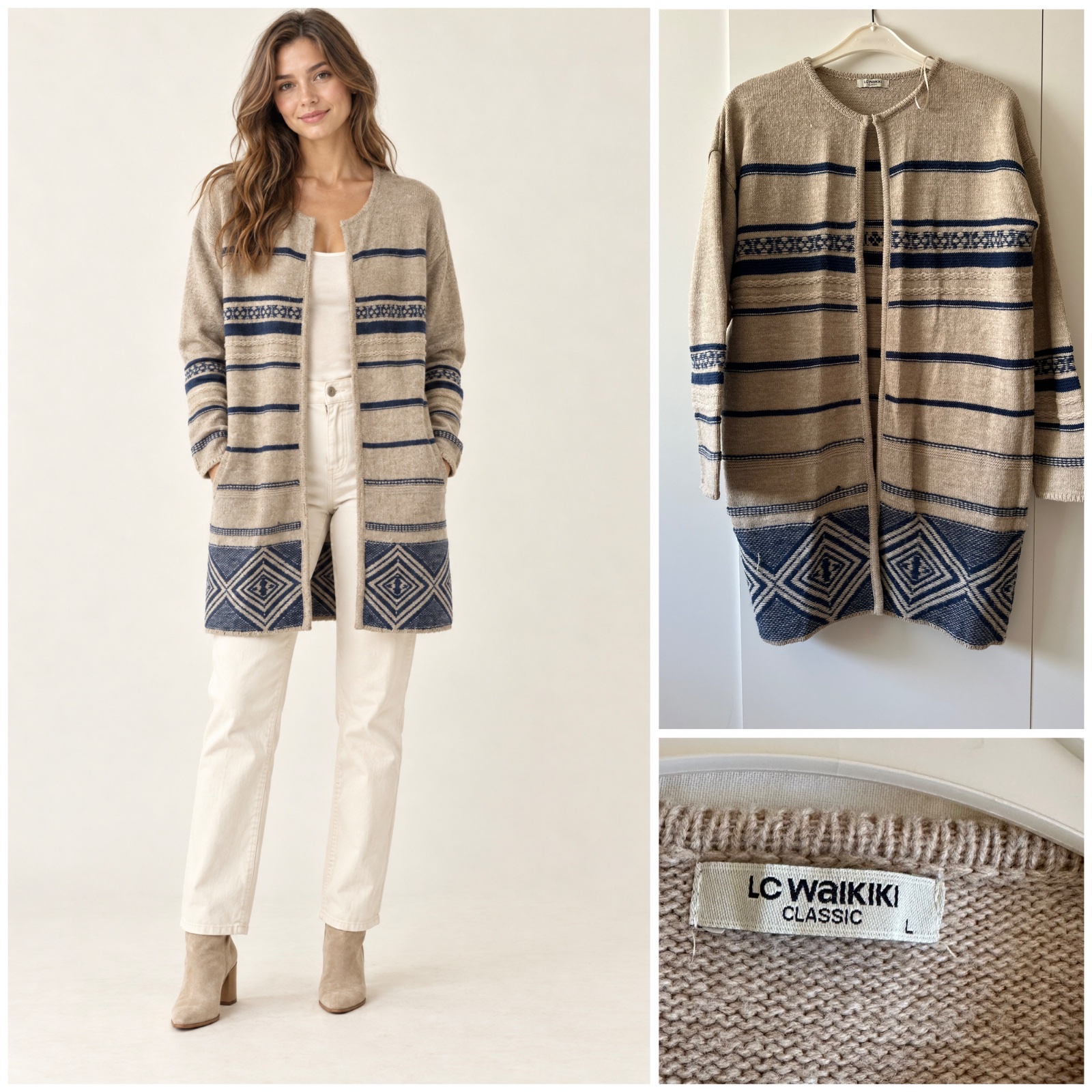 🤎 Gilet Long LC Waikiki Classic Beige Taupe à Motifs Géométriques Bleu Marine – Cardigan Tricoté Chic, Élégant et Tendance, Style Bohème ✨
