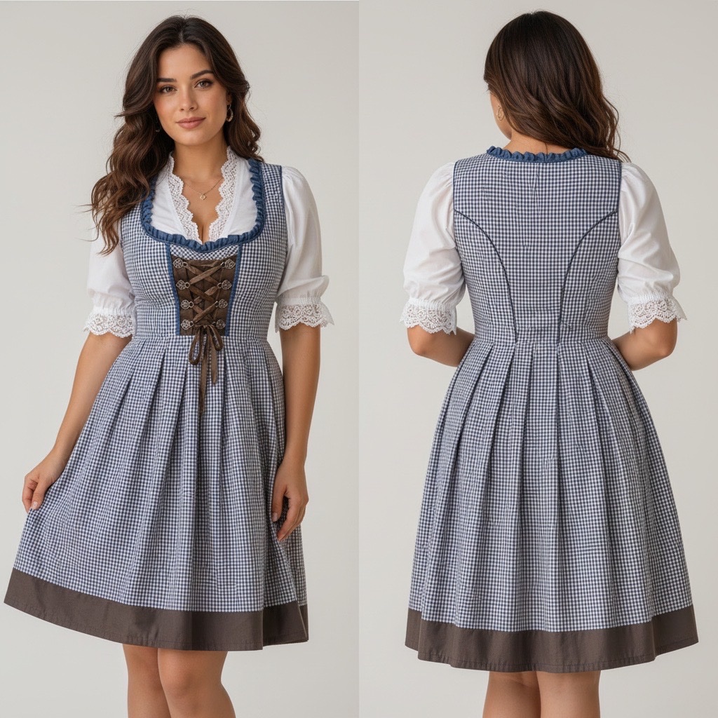 Robe Traditionnelle Allemande DESIGNER|S Bleu et Marron – Motif Carreaux Vichy – Pièce Rare Authentique🔥🔥🥰🥰🌹💞
