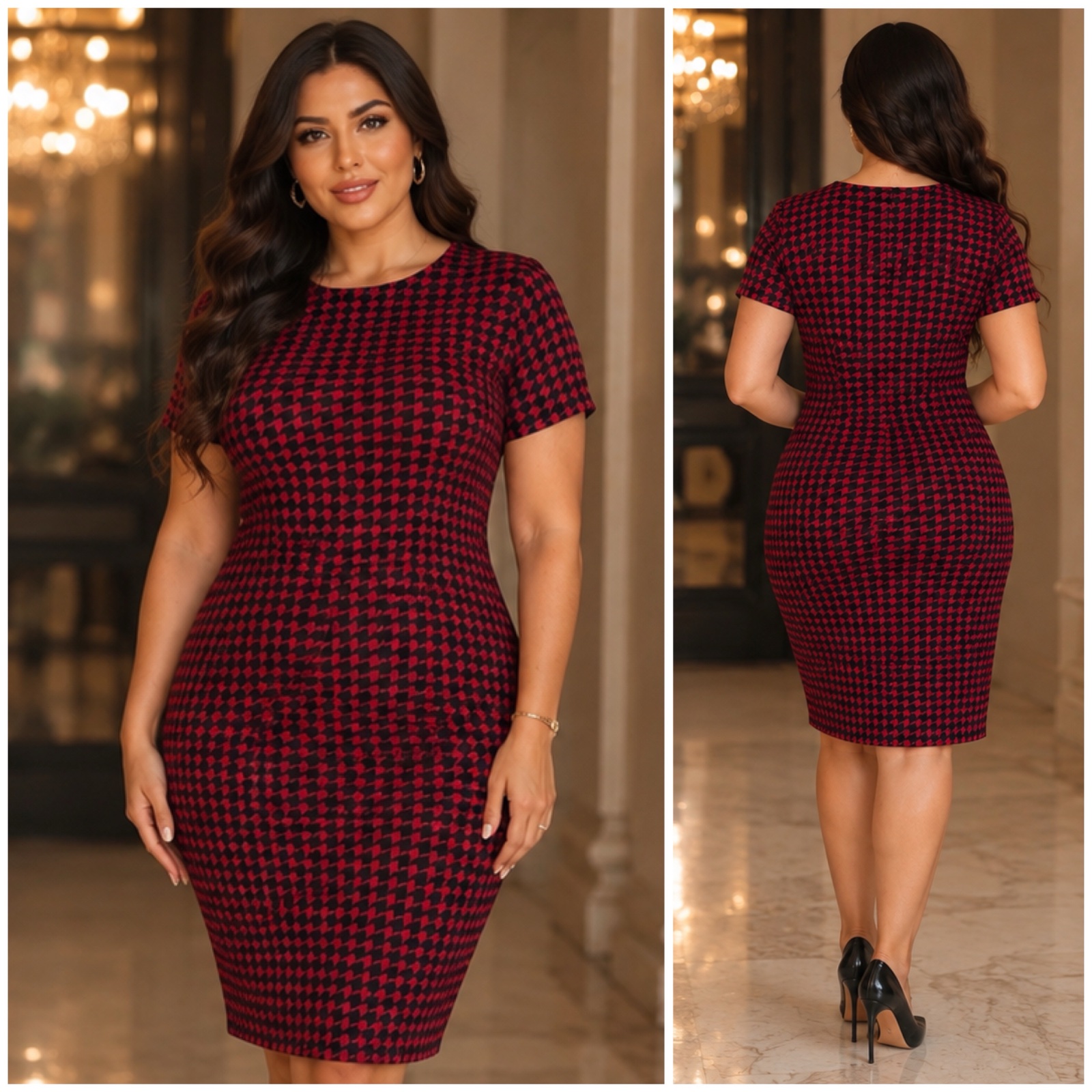 🌹✨ Robe Élégante Rouge Noir à Motif Pied-de-Poule 🖤 Style Intemporel Féminin et Raffiné Grande Taille ✨🥰🌹❤️🔥❤️
