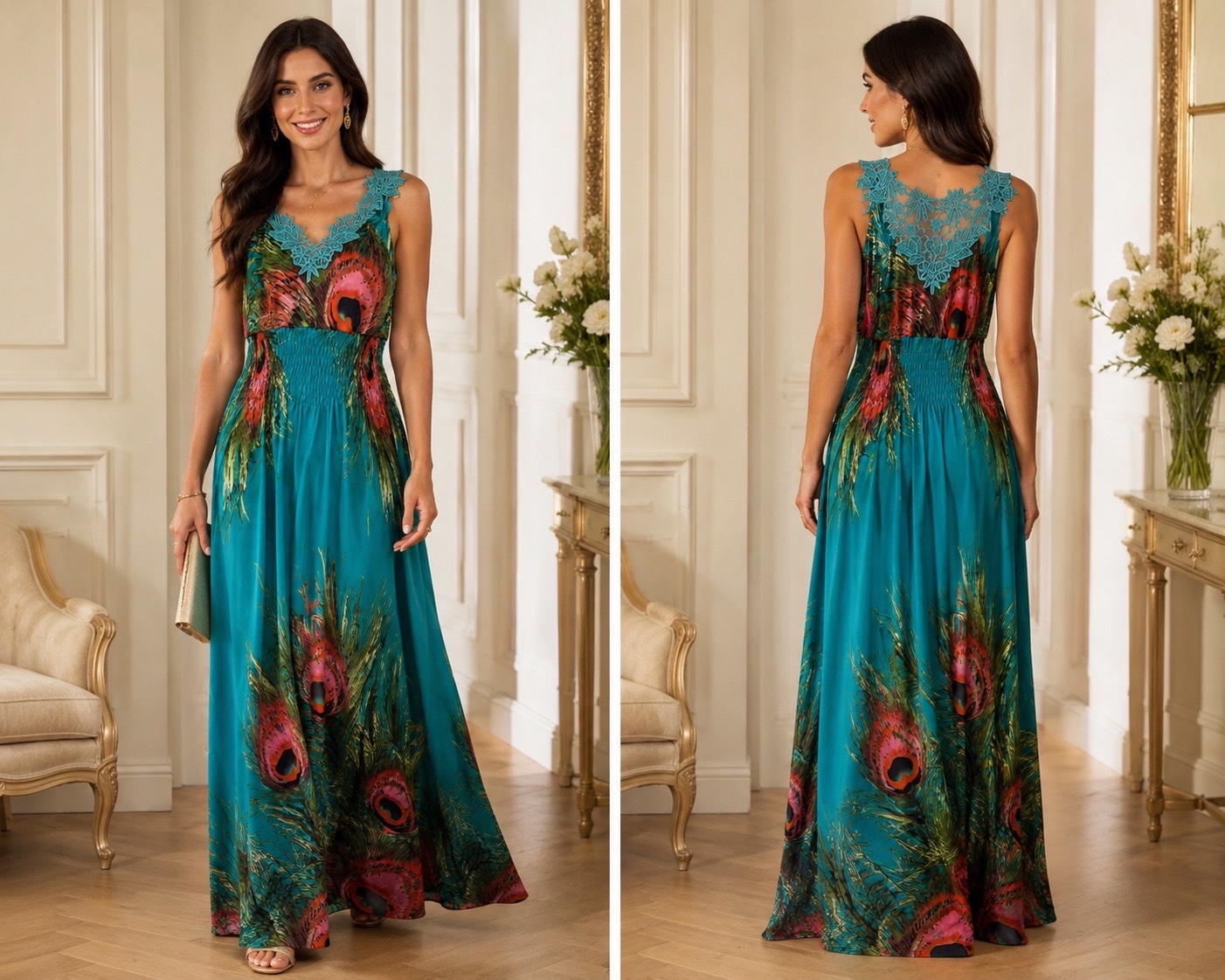 ✨💙 Robe Longue Chic Bohème Turquoise à Motif Paon & Dentelle Dos – Taille Smockée Élégante 💙✨🌹🔥🌹🥰🩵🔥