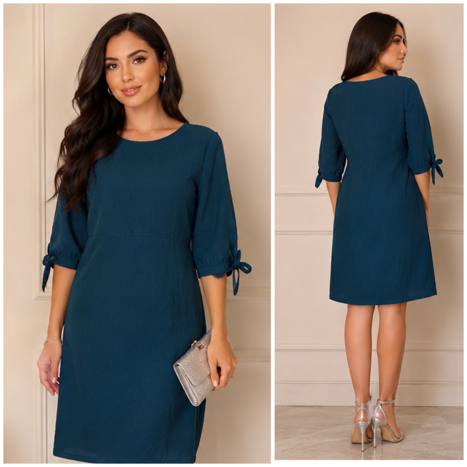 ✨ Sublime ROBE LE STREGHE 🇮🇹 Made in Italy | Bleu Pétrole Chic & Élégante | Coupe Féminine & Intemporelle | Manches 3/4 avec Jolis Nœuds 🎀 | Taille L | Pièce Italienne Raffinée & Très Élégante ✨🔥🌹🥰✨