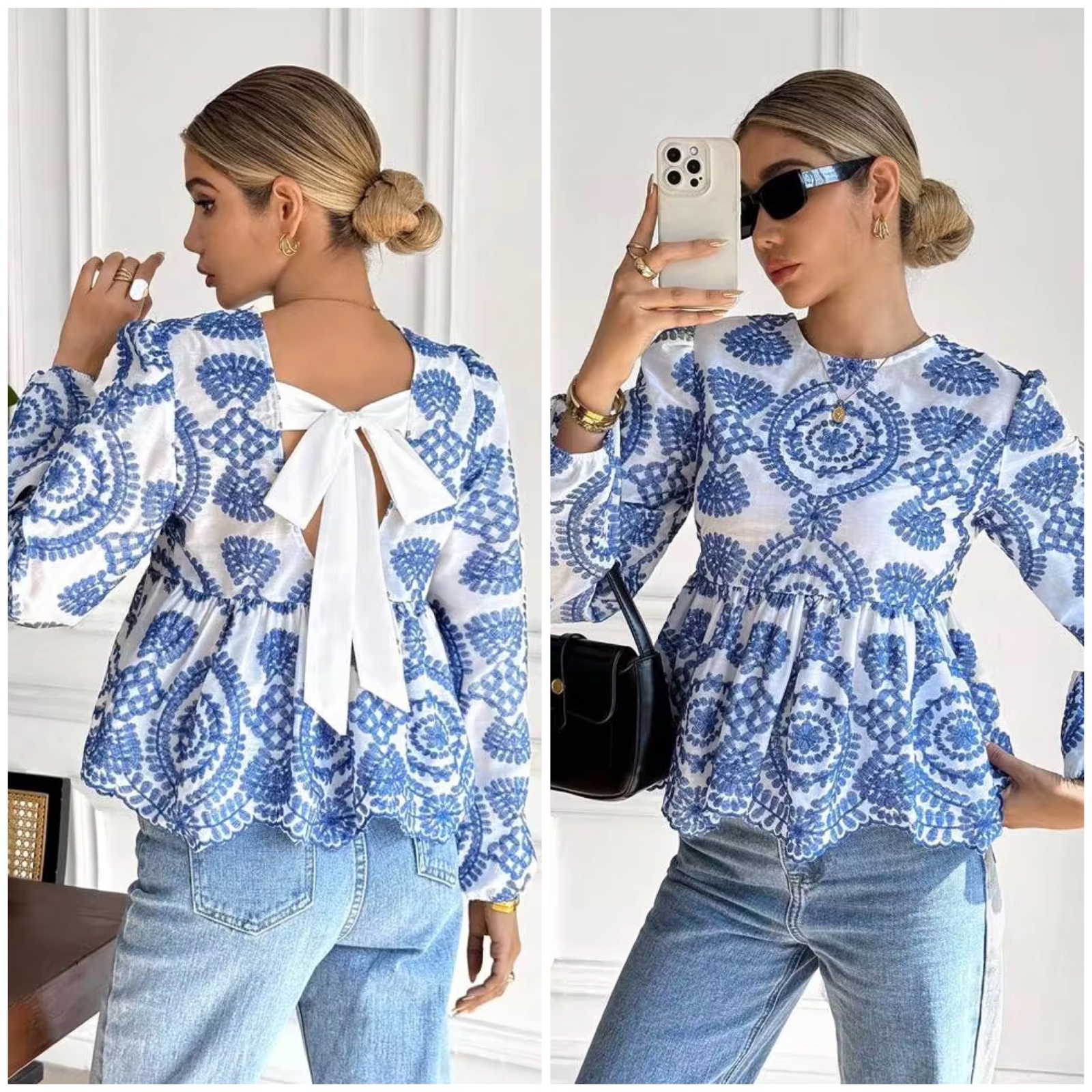 💙🤍 Magnifique Blouse Bohème Chic Blanche & Bleue Brodée – Manches Bouffantes – Nœud Élégant dans le Dos – Taille L 💙🤍