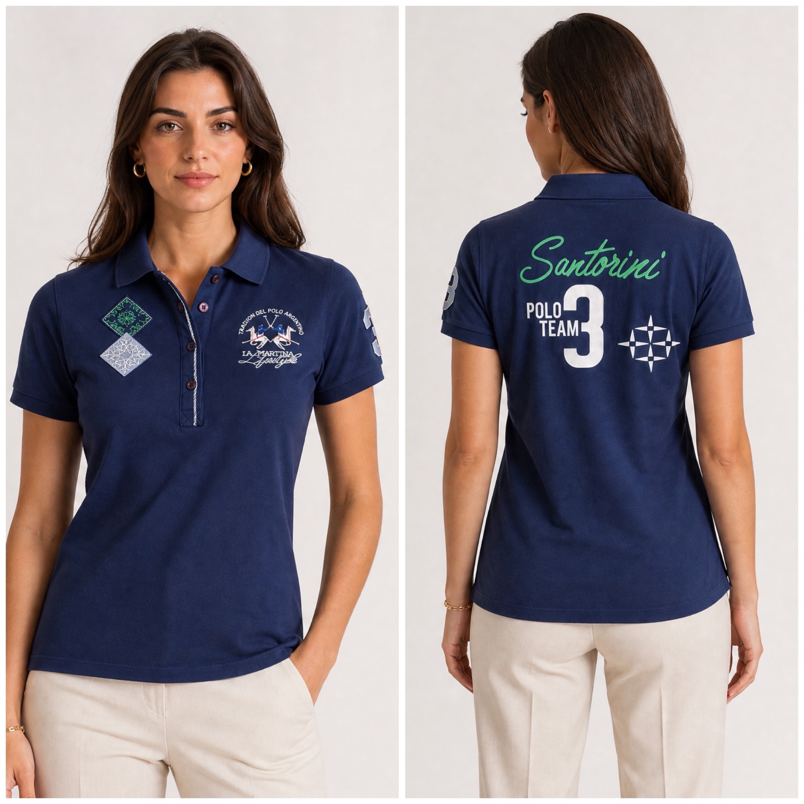 ✨ Polo femme La Martina bleu marine – Modèle Santorini Polo Team N°3 💙 | Élégant et tendance, col polo, manches courtes, détails brodés, motifs verts et blancs, coupe chic et confortable 👚🐎 