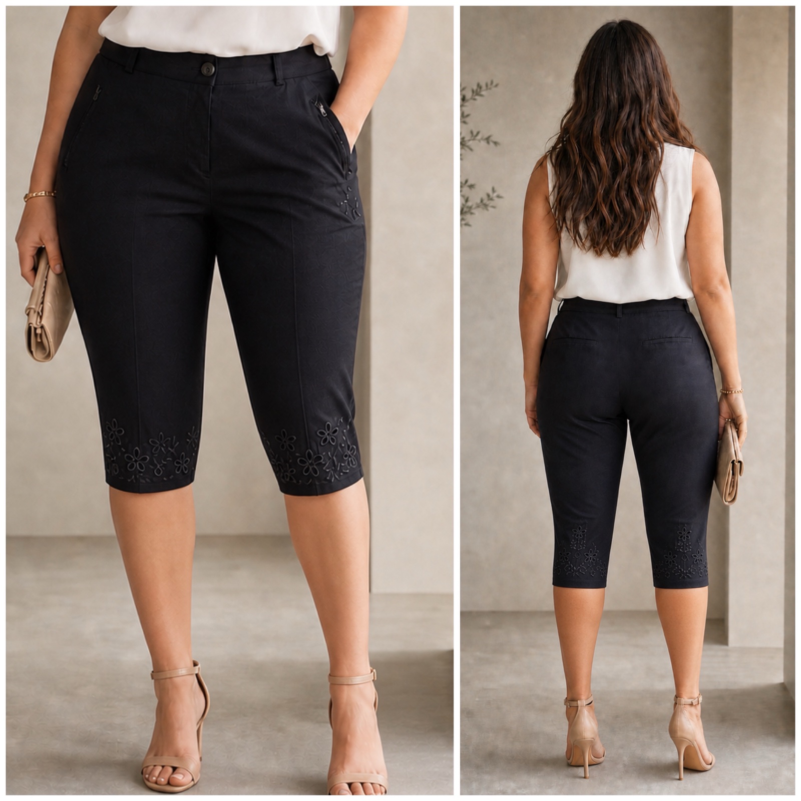 Pantalon Capri Noir Emotions – Chic & Broderies Florales✨🌹🔥🖤