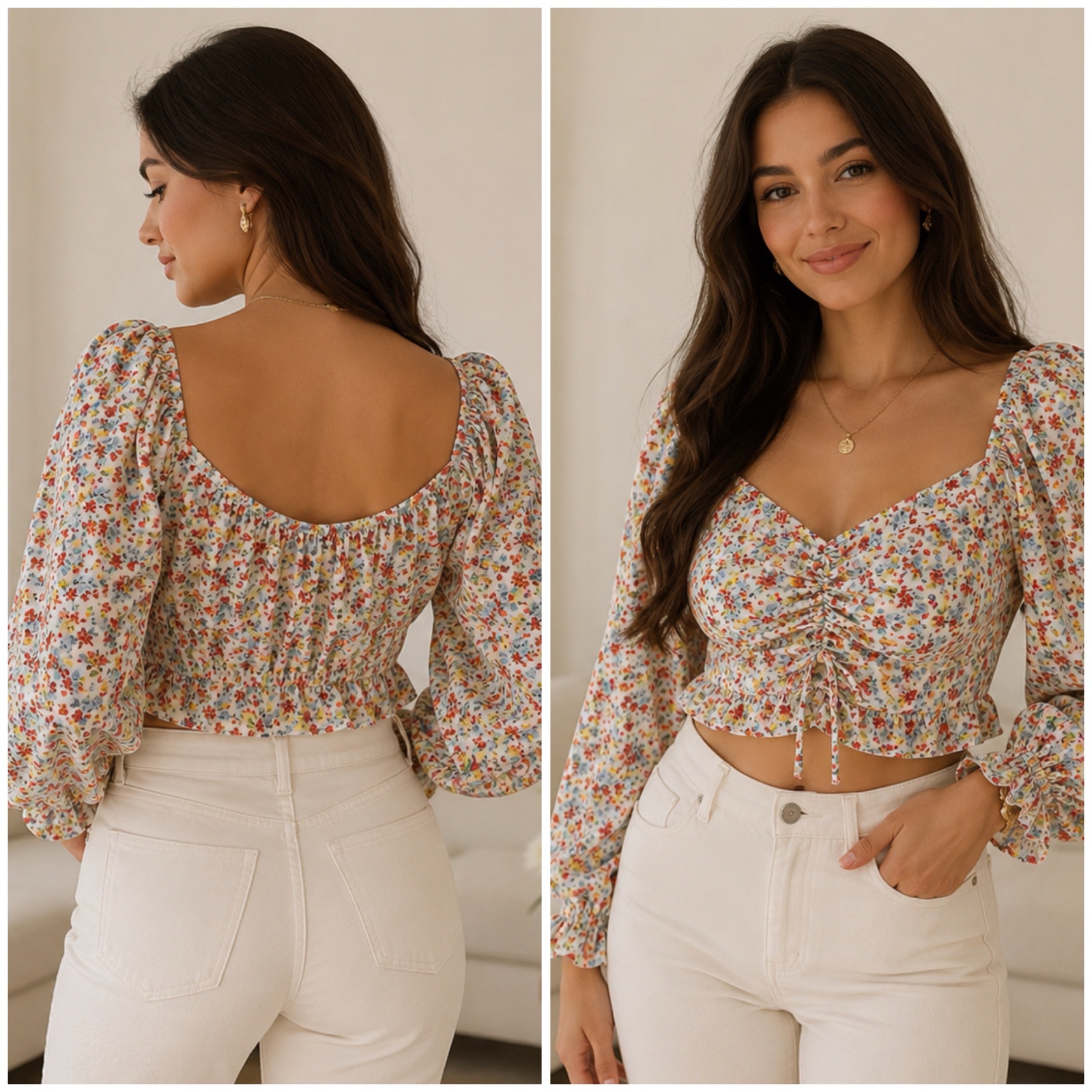 🌸✨ Haut SHEIN Fleuri Romantique Chic – Crop Top à Manches Bouffantes – Taille XL (convient L/XL selon la coupe) – Style Bohème & Élégant – Parfait pour le Printemps/Été ✨🌸🔥