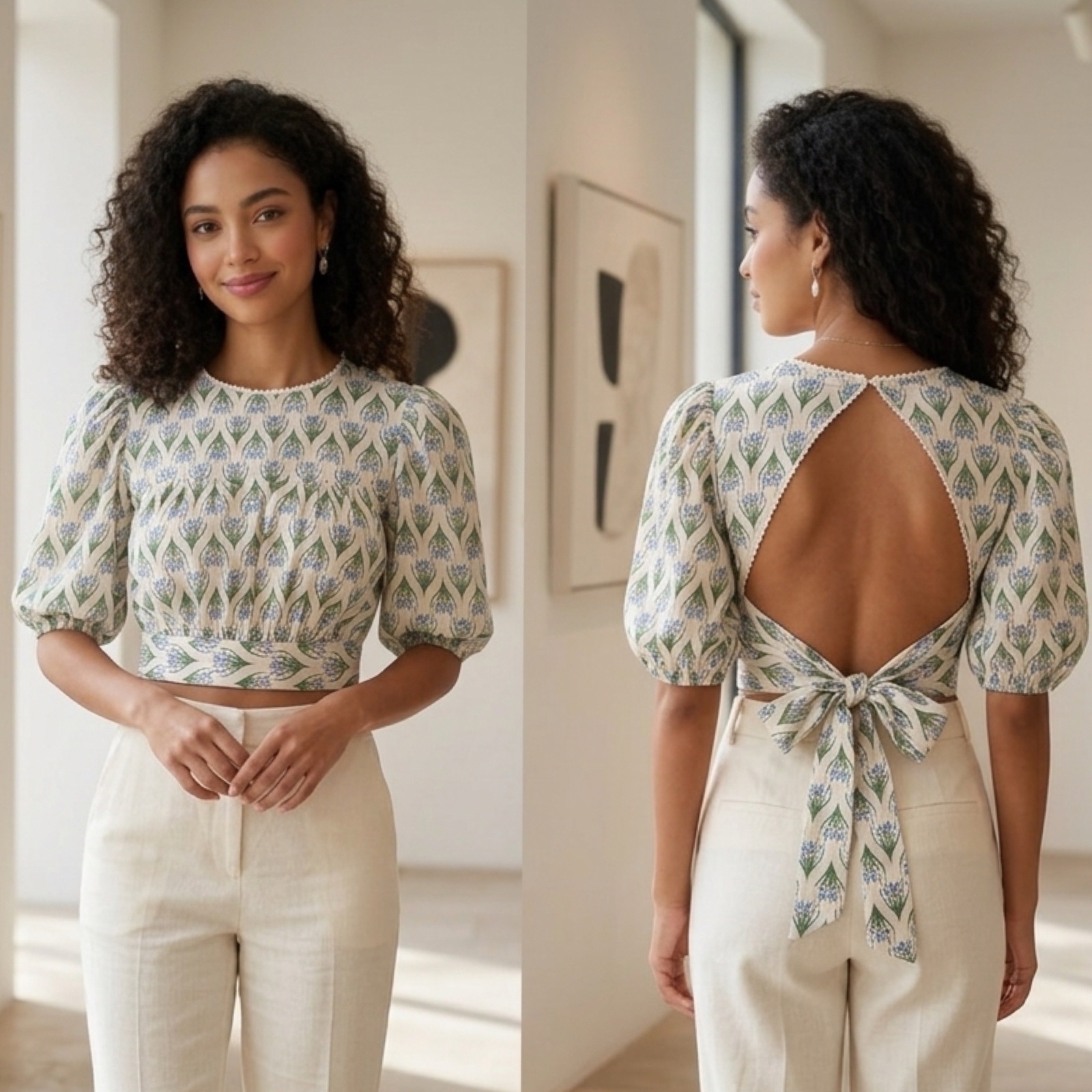 ✨ TOP CROP ZARA ✨ Manches Bouffantes & Dos Ouvert Boutonné 🎀 Imprimé Floral Bleu & Vert - Taille XXL - Tendance ! 🌸