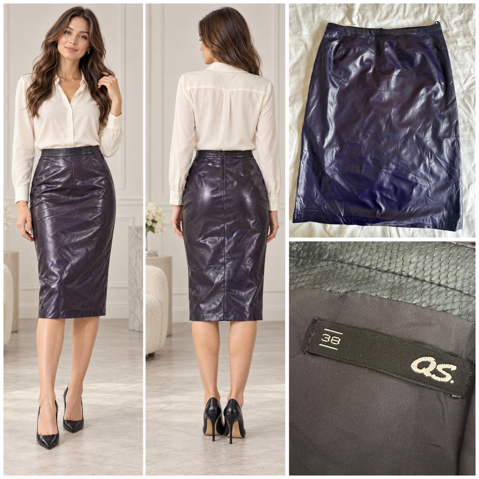 💜 Jupe Crayon Simili Cuir Violet Aubergine Brillant – Coupe Élégante et Féminine, Taille Haute Chic pour un Look Glamour & Tendance ✨💜