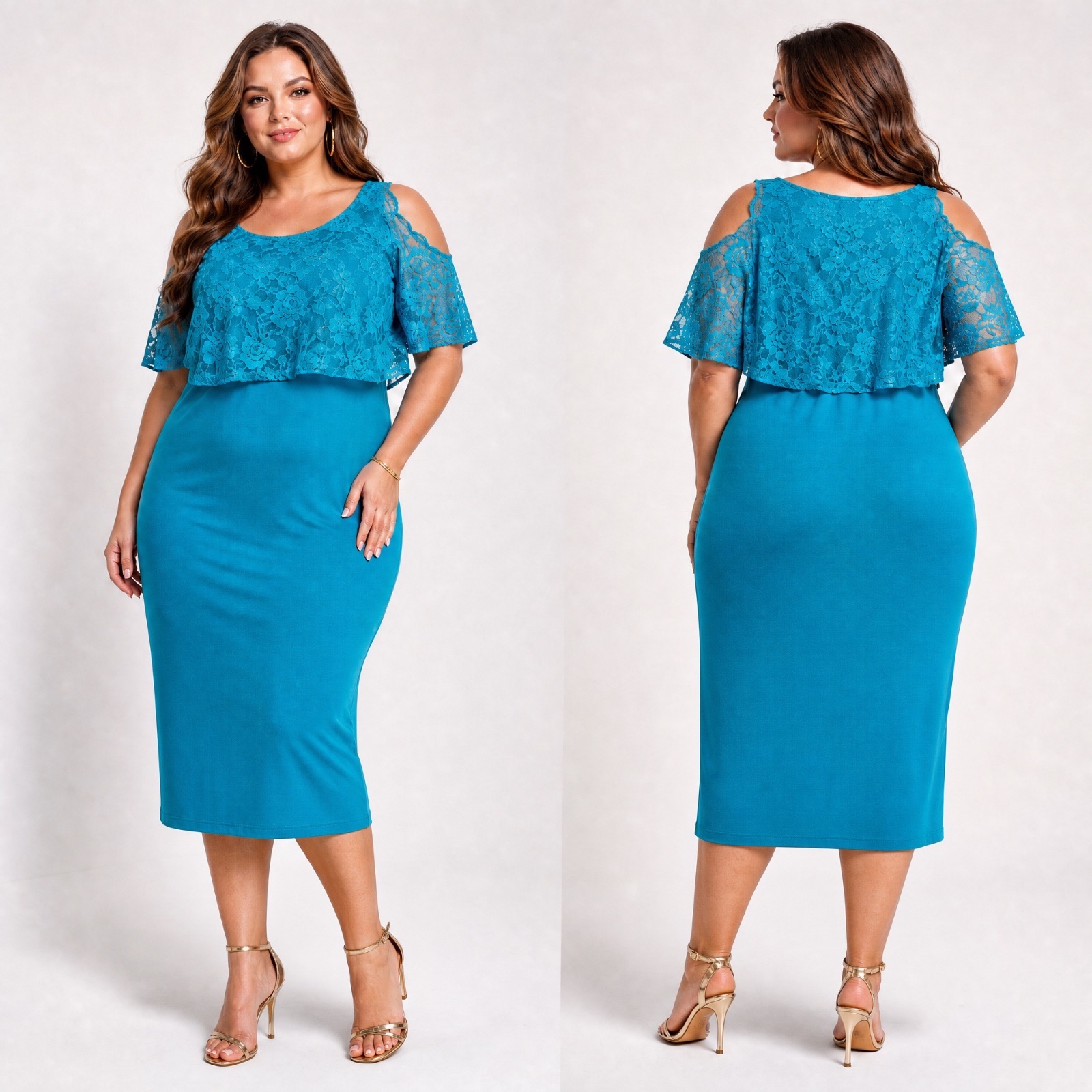 Magnifique Robe de Soirée Bleu Cyan Fluide avec Cape Dentelle / Marque Américaine 🔥🥰🔥🩵💞