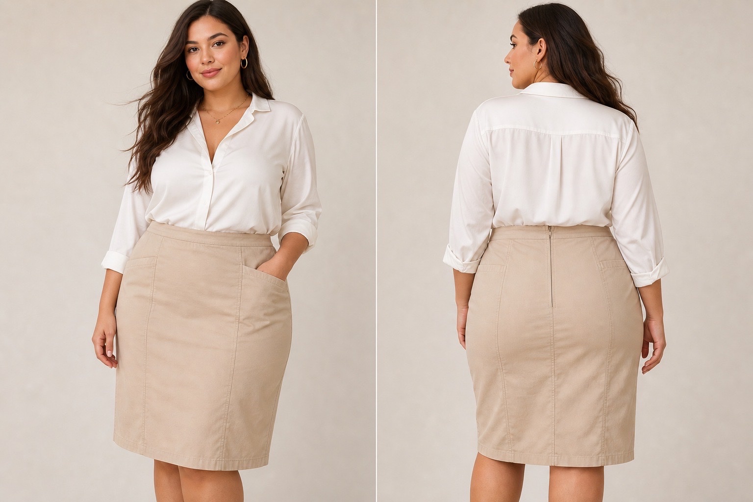 Jupe beige nude chic & élégante coupe droite mi-longue style minimaliste tendance grande taille – look classy & intemporel 🤍🌹🔥🥰✨💞🌸