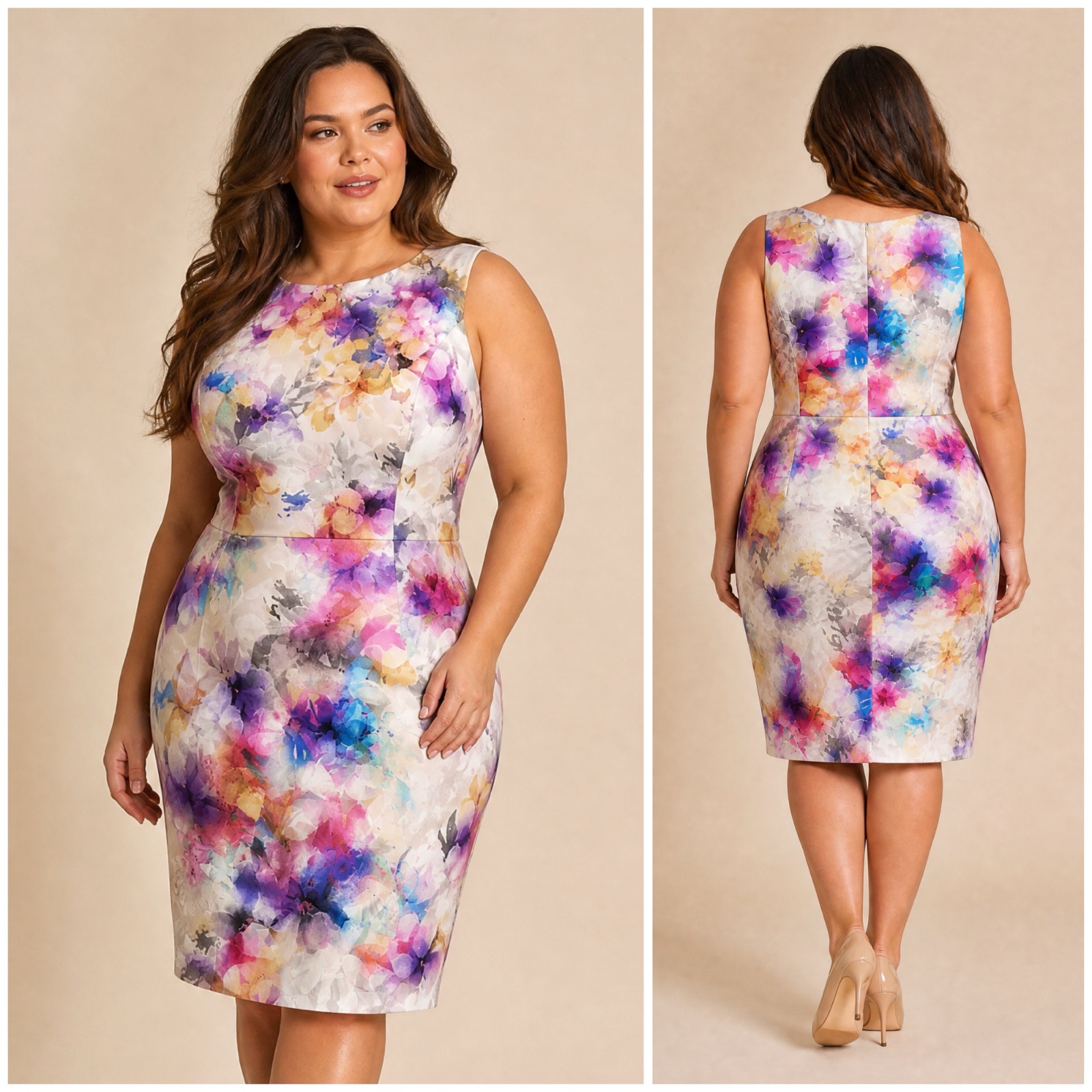 🌸🔥 Magnifique robe Monsoon fleurie chic et élégante – coupe fourreau près du corps – imprimé floral aquarelle multicolore – longueur genoux – tenue raffinée pour cérémonie, soirée et occasion spéciale🌸✨🔥🌹🌷💞
