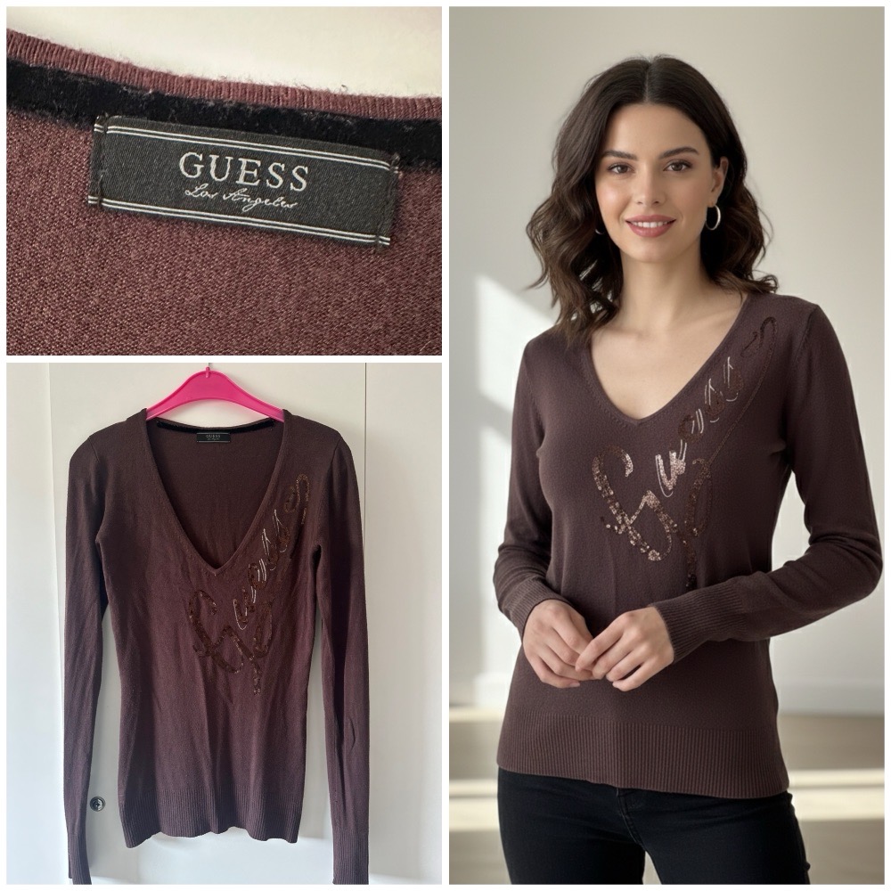 Haut Pull Marron Maille Tricotée Fine Paillettes Guess Los Angeles 🤎😍