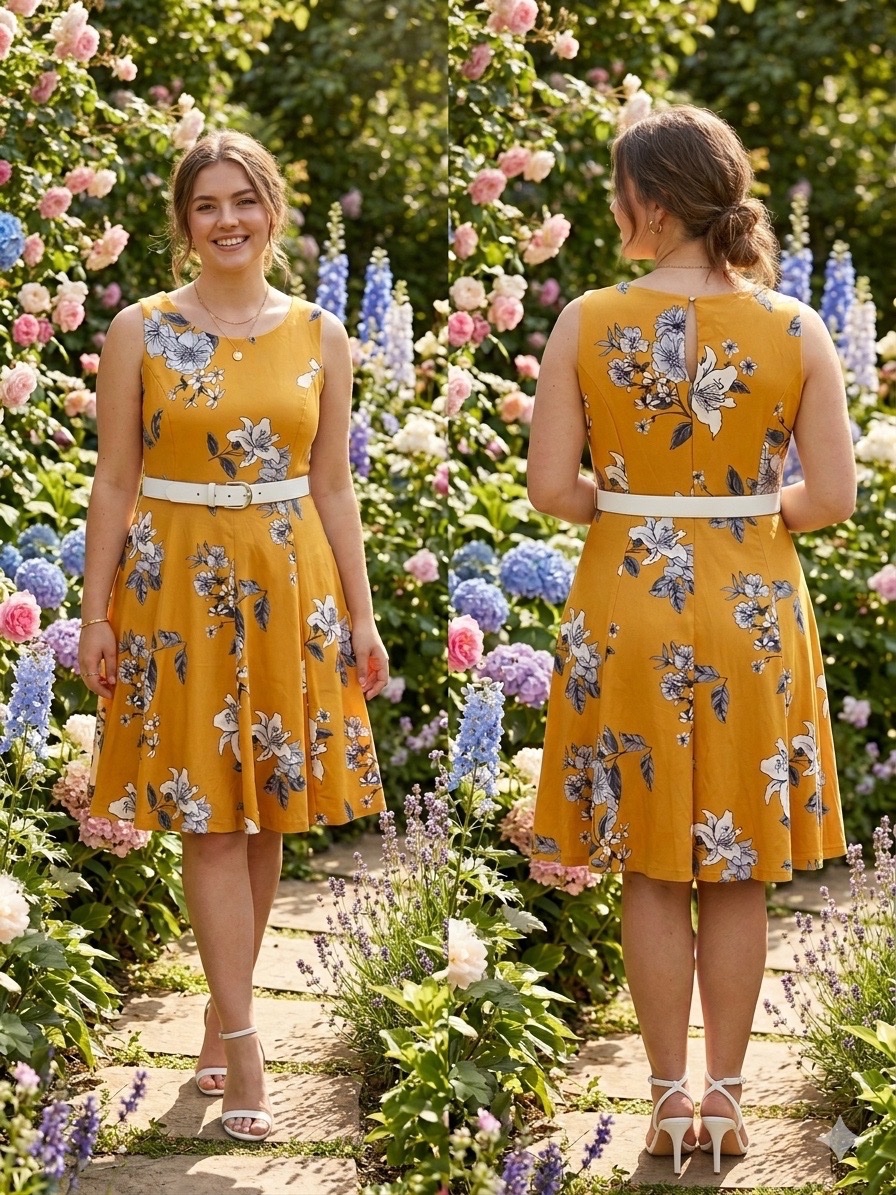 Robe patineuse jaune moutarde à imprimé floral blanc et gris – État Neuf – Marque "In Every Story"✨🔥💛🌹